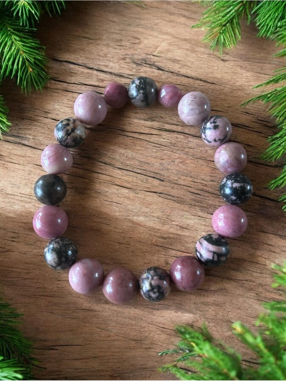 Pink Rhodonite and Black Marble Beaded Stretch Bracelet 10mm